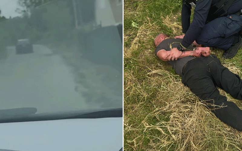 Split image: left pane shows a blurred view of a road seen through a car windshield; right pane shows a person lying on grass while a responder restrains them.