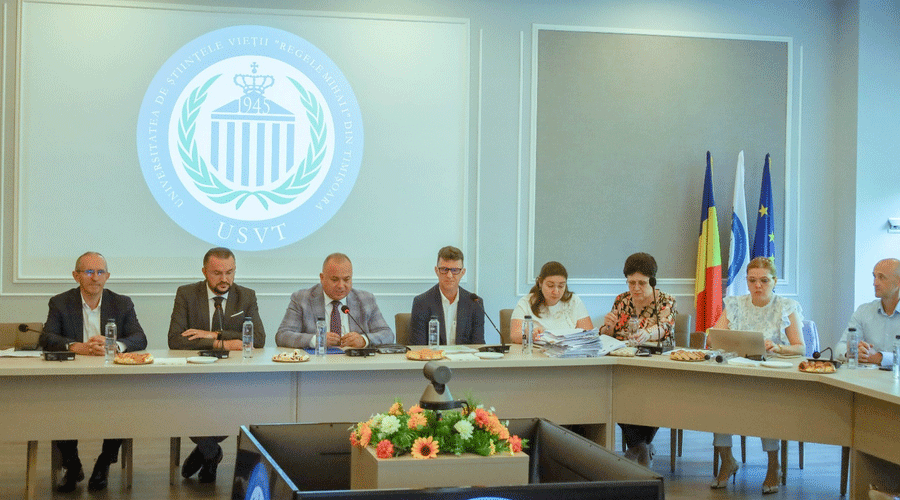Eight panelists sit at a long conference table in a meeting room, with a large emblem projected on the wall and Romanian/EU flags in the background, during a formal briefing.