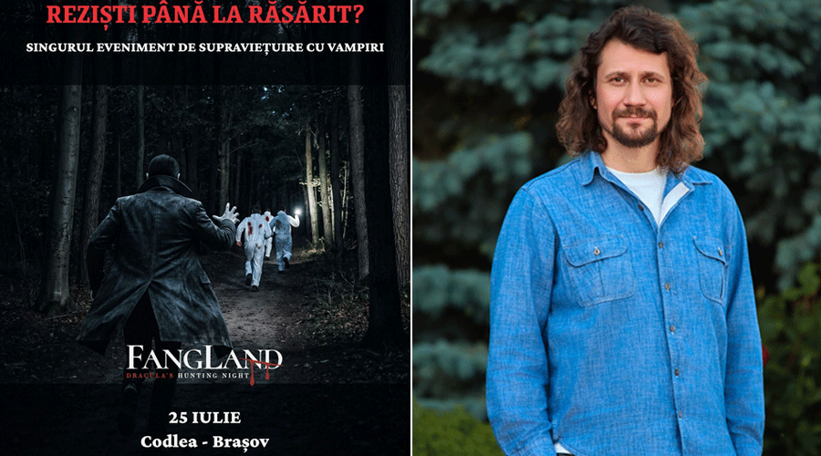 Split image: on the left a Fangland poster showing a man in a dark forest chasing pale figures under a red Romanian headline; on the right a man in a blue denim shirt.