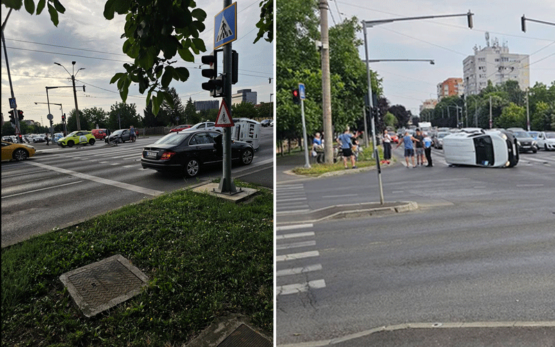 Two views of a busy city intersection: left shows cars waiting at a crosswalk; right shows a white car on its side after a crash with bystanders nearby.