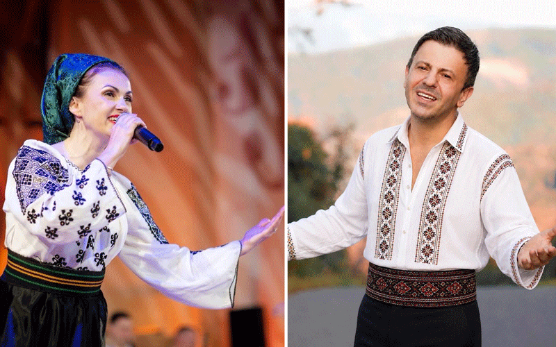 Split image of two performers in traditional outfits: a woman singing into a microphone on stage left, and a smiling man posing outdoors on the right.