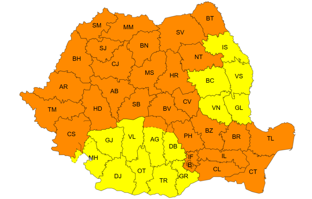anm - Sursa de Vest Color-coded map of Romanian counties; orange counties and yellow counties are labeled with two-letter codes.