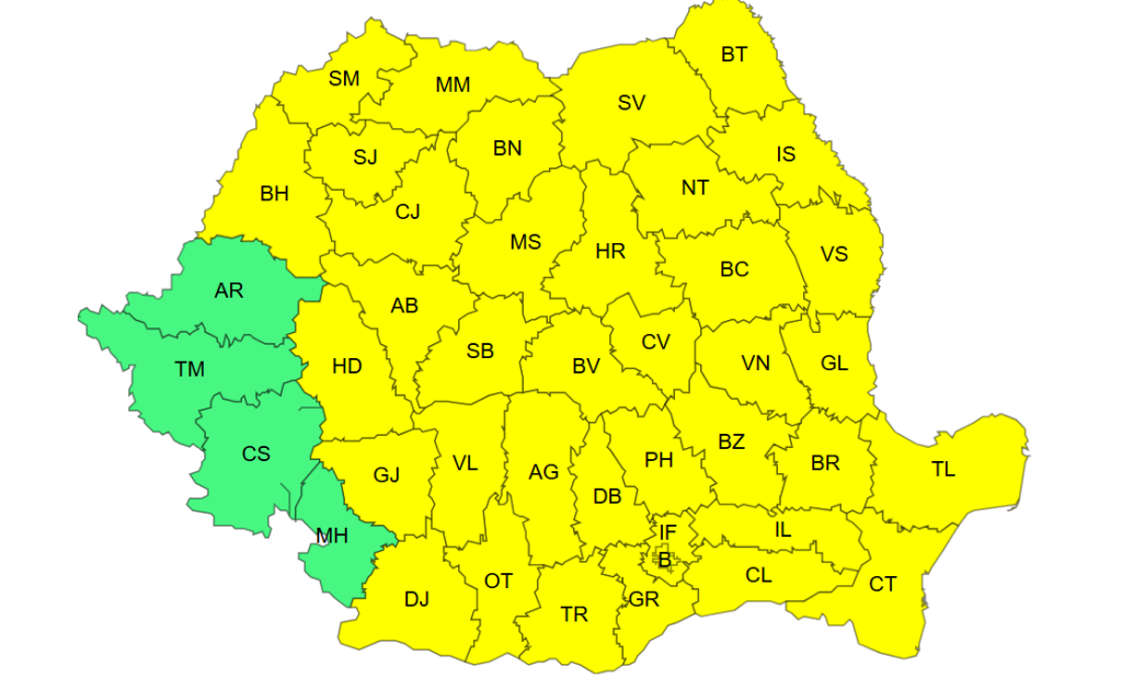 anm - Sursa de Vest Map of Romania counties; most are yellow, with western counties Arad, Timiș, Caraș-Severin, Hunedoara, Dolj and Mehedinți shown in teal.