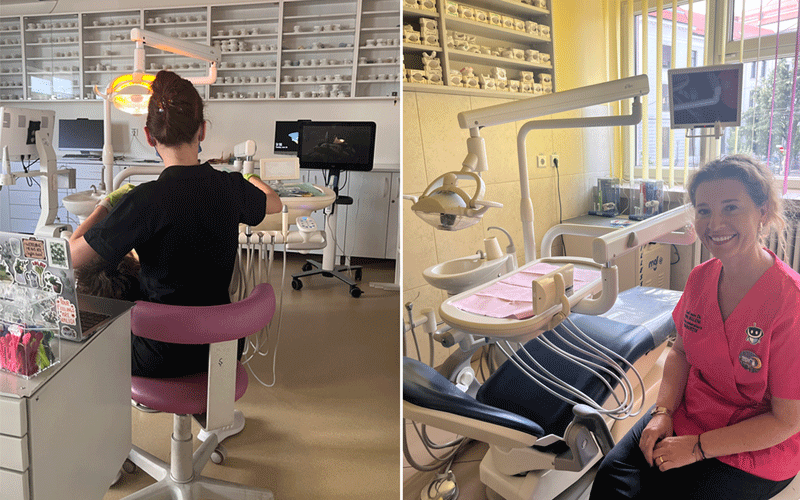 Two side-by-side photos of a dental clinic: left shows a patient in a pink chair at a dental station with overhead light and screens, right shows a smiling dental assistant in pink scrubs beside a dental chair and equipment.