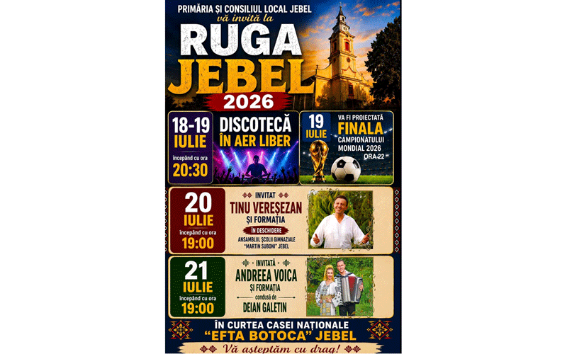 discoteca-jebel - Sursa de Vest Poster for Ruga Jebel 2026 festival with dates July 18–21, final on July 19, and guest speakers scheduled across color blocks.