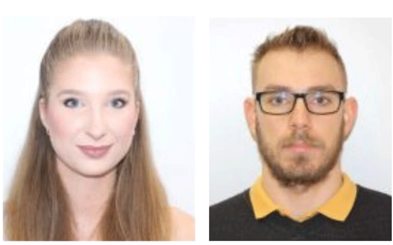 Left: smiling woman with long brown hair; right: man with short hair, glasses, and a beard (two side-by-side portraits).