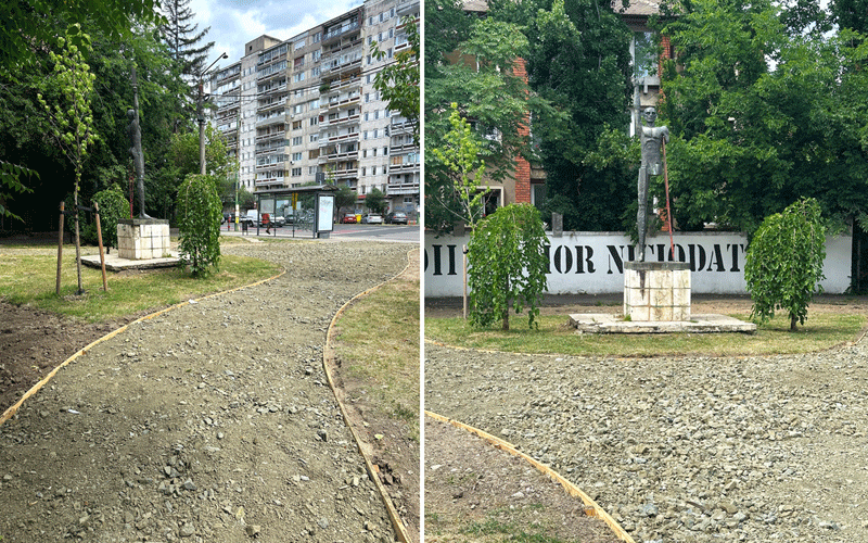 Two-panel view of a gravel park path under renovation; left shows trees and a tall apartment building, right shows a statue on a pedestal with greenery and a wall in the background.