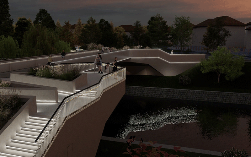 pasarela-indragostitilor4 - Sursa de Vest Modern illuminated pedestrian bridge at dusk with people walking; curved ramps and railing lights over a canal.