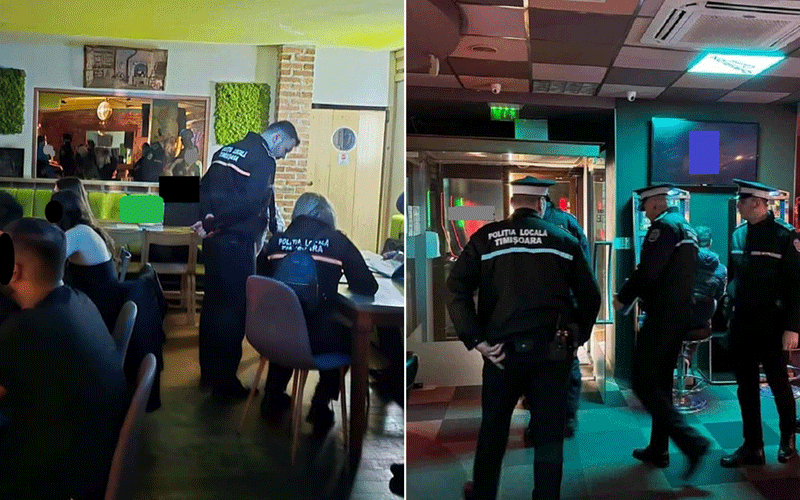 Two-panel image: left shows a cafe with customers seated at tables and a uniformed officer speaking to a seated woman; right shows several local police officers in dark jackets at a doorway inside a building.