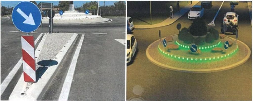 sens lugoj 2 - Sursa de Vest Split image: left side shows a blue circular arrow road sign directing traffic around a central island; red‑white striped barrier nearby. Right side shows a roundabout with a green LED‑lit central island and surrounding road signs, with cars entering the circle.