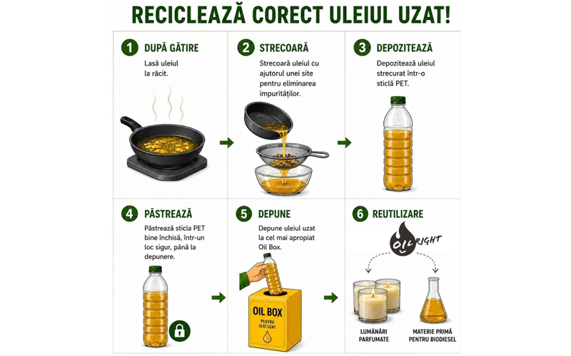 Infografic românesc: șase pași pentru reciclarea uleiului uzat — turnat din tigaie, strecurat, depozitat în PET, sigilat, pus în Oil Box, reutilizat.