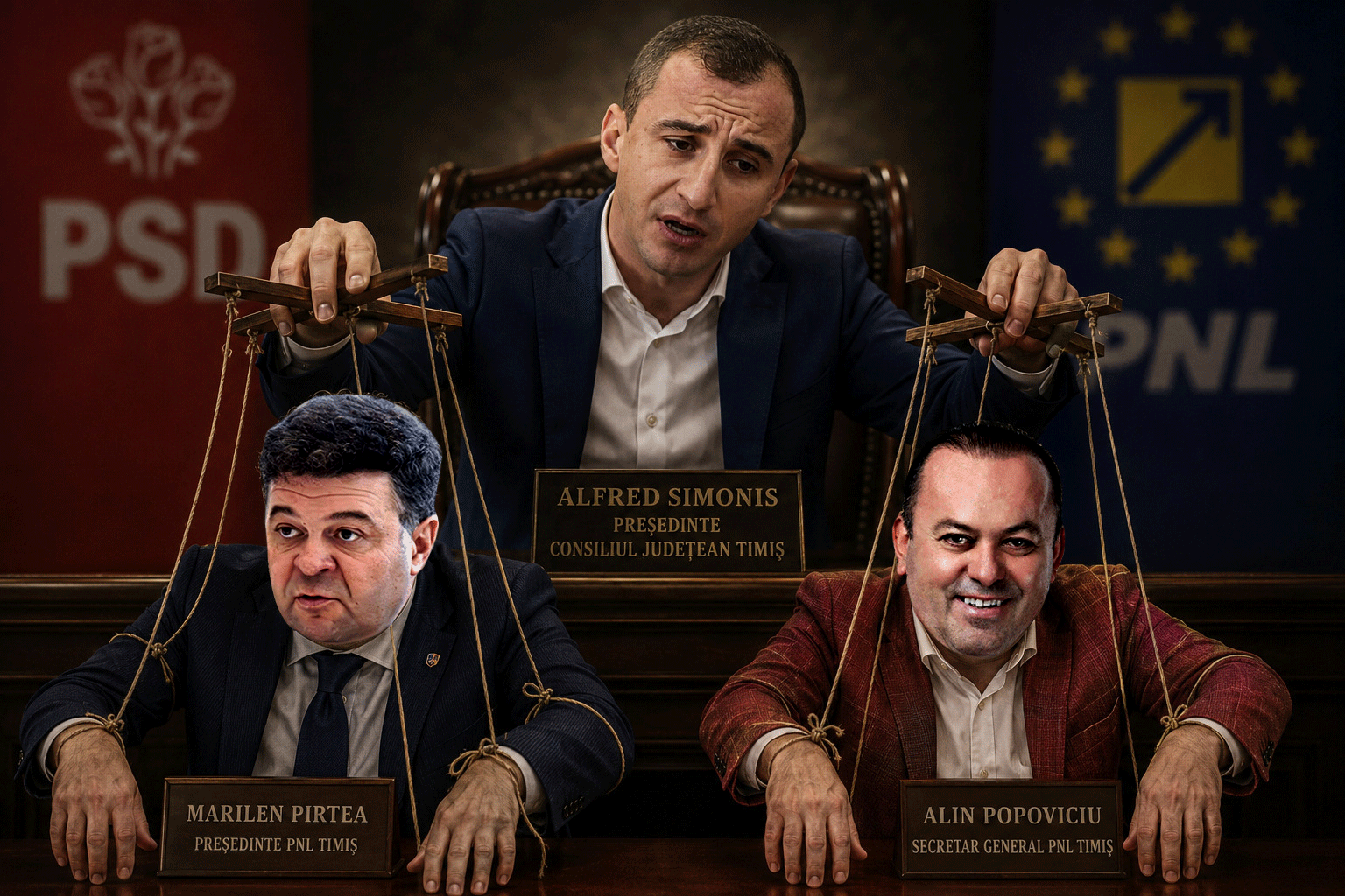 Three men sit at a desk as if they are puppets, with strings attached to their arms; a central figure looms over them, suggesting political control. Nameplates read Alfred Simoniș, Marilen Pirtea, and Alin Popoviciu in a formal setting with party banners in the background.