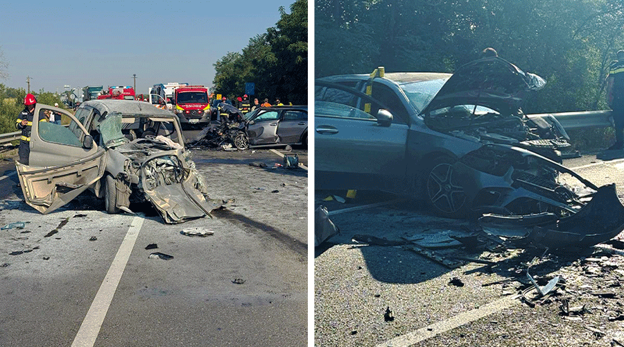 Two severely damaged cars after a high-speed crash on a highway, emergency responders at the scene.
