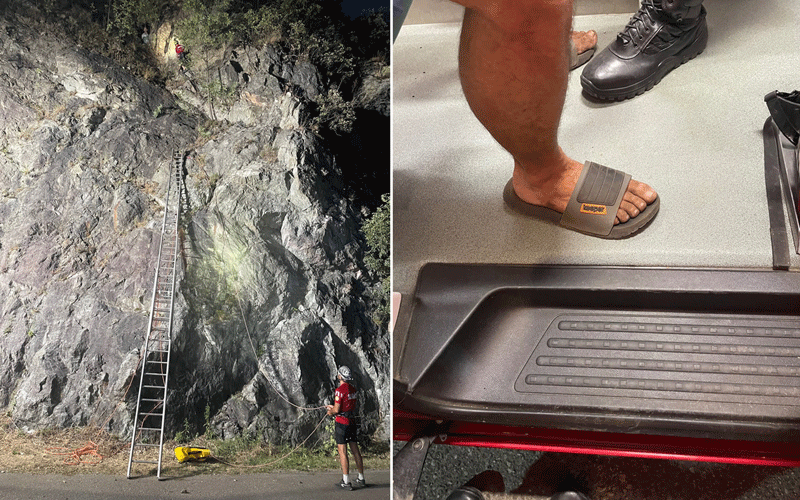 Left: climber in red at a rocky cliff with a tall ladder and belayer on the ground. Right: foot in a brown slide sandal stepping into a vehicle, door sill visible.