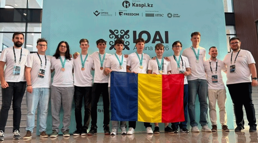 Team of young competitors with medals posing in front of a turquoise banner, holding a Romanian flag.