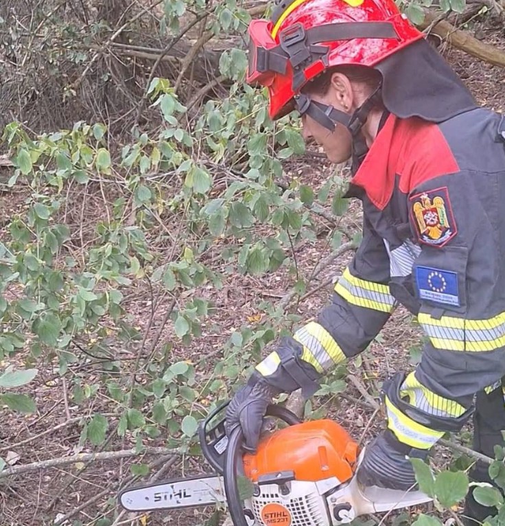 Firefighter in a red helmet and reflective turnout gear using an orange STIHL chainsaw to clear brush.