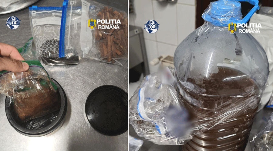 Two-panel image from a police evidence scene: left shows a brown bagged substance being placed into a container; right shows a large brown liquid-filled jug wrapped in plastic, both with police logos visible.