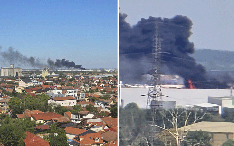 Split image: left shows a town with a distant smoke plume on the horizon; right shows a large industrial fire with dark smoke rising above buildings.