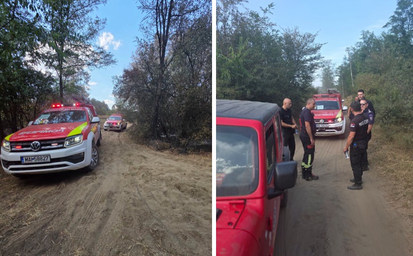 Two-panel image: left shows a red emergency vehicle with flashing lights on a dirt road through a wooded area; right shows several responders standing near a red SUV and another emergency vehicle along the road.
