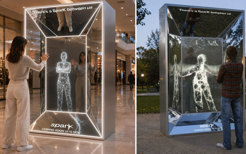 Indoor promotional glass cube with a glowing wireframe figure; people touch the sides as the text 'There’s a Spark between us' and 'COMING SOON 12-15 NOV' appear.