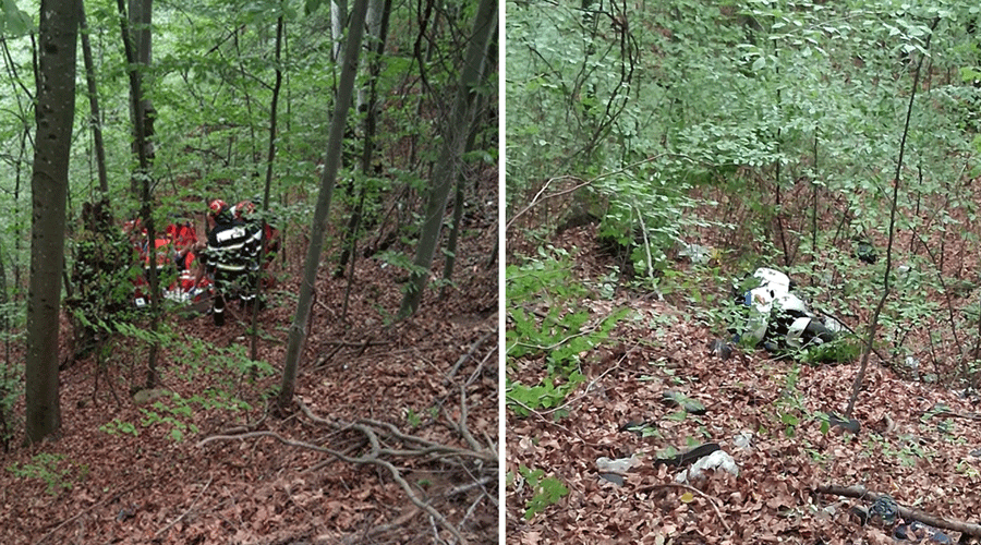 Two-panel scene in a forest: left shows red-clad emergency responders gathered among trees; right shows a white rescue bag or equipment on the leaf-strewn ground.