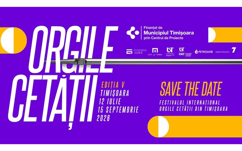 Event poster for a Timisoara festival with large white stylized text on a purple background, orange shapes, and a 'Save the Date' message with July 12 and September 15, 2026.