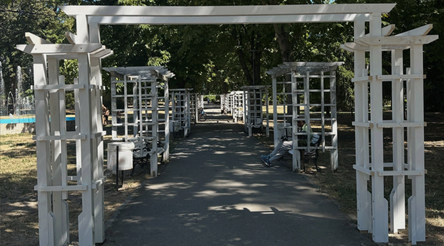 White wooden archway walkway in a park with lattice structures along a paved path.