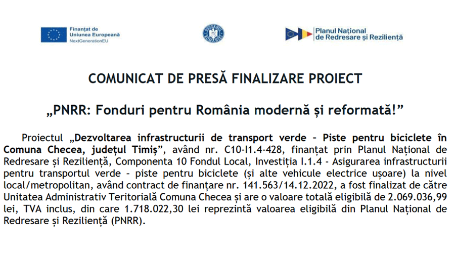 Formal press release header with EU and national logos, titled 'COMUNICAT DE PRESĂ FINALIZARE PROIECT' about PNRR funds for modern Romania, reformată.