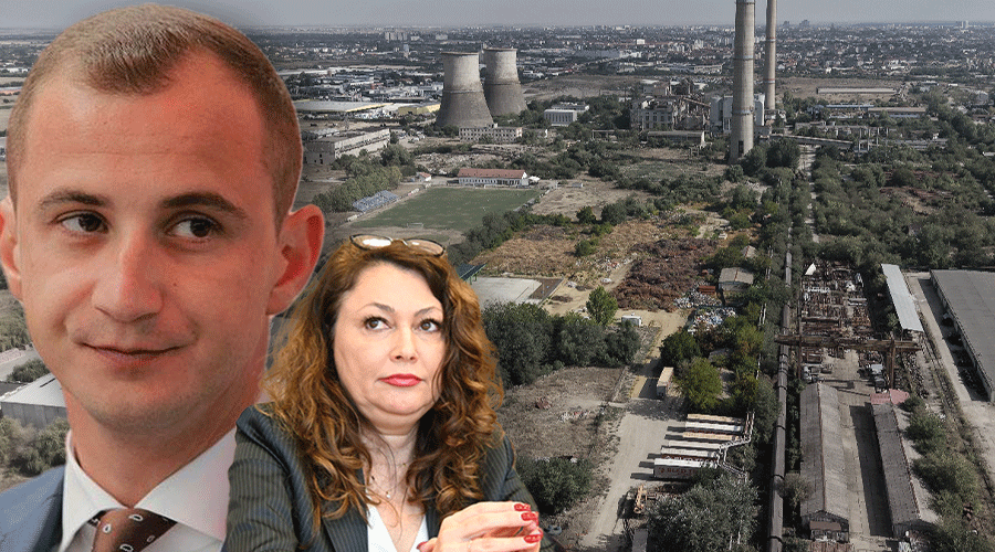 Two adults in business attire foreground—a man on the left and a woman in the center—overlaid on an industrial landscape with cooling towers, smokestacks, and storage facilities in the distance.