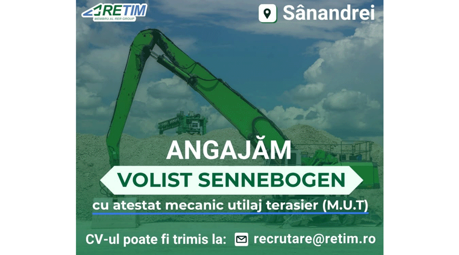 Recruitment poster: hiring heavy equipment operator (Sennebogen) with M.U.T cert in Sânandrei; send CV to recrutare@retim.ro