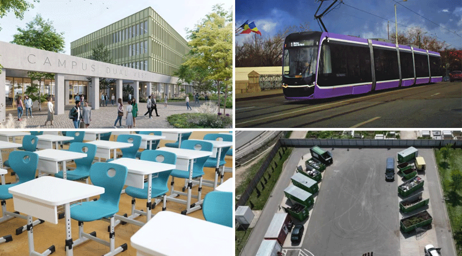Modern university campus building with pedestrians near glass doors and surrounding trees (informative collage). In context, describes campus entrance and activity.