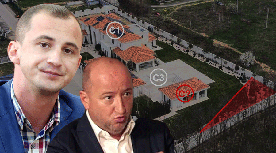 Two men in business attire over an aerial view of a villa complex with red roofs and a red triangular overlay.