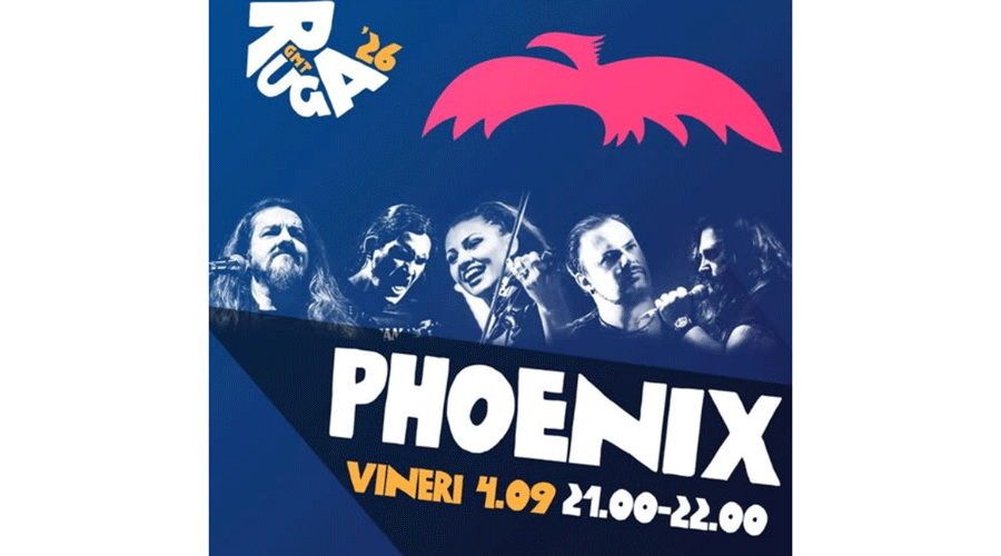 Blue concert poster featuring a band with 'PHOENIX' text, pink bat logo above, and event details in Romanian: 'VINERI 4.09 21:00-22:00' (live show).