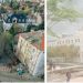 Split image: left panel shows an aerial view of a tree-lined urban street with colorful buildings; right panel shows a sunlit plaza with a white historic building and trees.