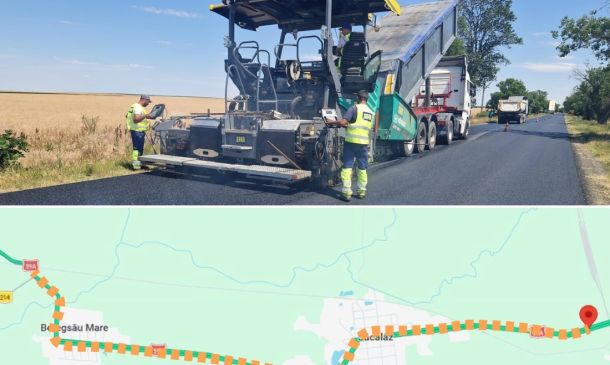 Road construction scene: workers guide an asphalt paver laying new asphalt on a rural highway, with a truck behind it; below is a map showing a curved orange-dashed route ending at a red pin.