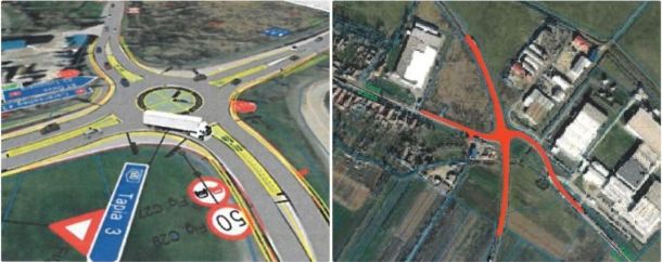 Aerial view of a complex roundabout with multiple lanes and signs on the left; right side shows a map view with red road markings highlighting intersections.