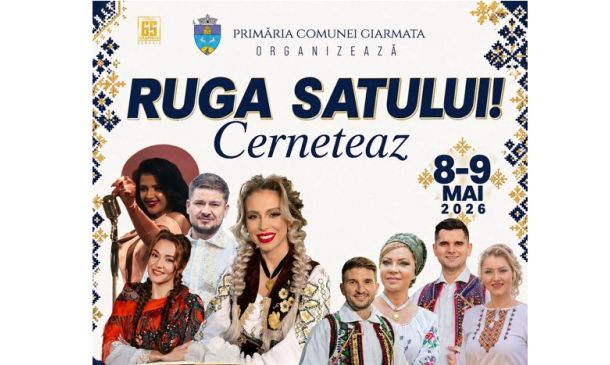 Poster advertising 'Ruga Satului' with people in traditional Romanian costumes; dates May 8–9, 2026, organized by Giarmata Commune Town Hall.