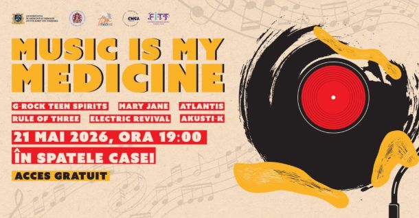 Poster for a music event titled 'Music is My Medicine' with a large vinyl record illustration and bold yellow text; lists bands and date: May 21, 2026, 19:00; free entry.