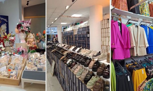 Three-section shop scene: left shows floral hat and accessory displays on mannequins, center has shelves of shoes, right features colorful clothing on racks.