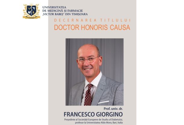 Poster announcing Doctor Honoris Causa for Prof. Francesco Giorgino, with university crest and his portrait as the main image.