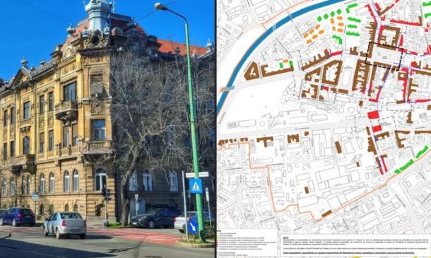 Left: purple tram on a street with a historic yellow-brick building; right: detailed city map with colored routes and waterways.