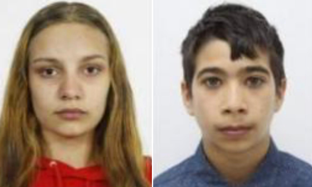 Two passport-style headshots side by side: left photo shows a young woman with long light brown hair wearing a red hoodie; right photo shows a young man with short dark hair wearing a blue collared shirt. Both have neutral expressions against a light background.