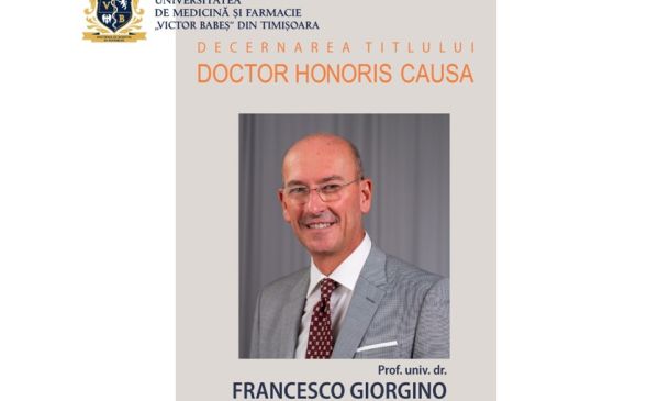 Poster announcing Doctor Honoris Causa for Prof. Francesco Giorgino, with university crest and his portrait as the main image.