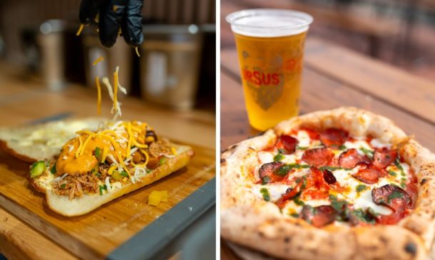 Two-panel collage: left panel shows a gloved hand sprinkling shredded cheese over a loaded hot dog on a wooden board; right panel shows a pepperoni pizza with melted cheese and a pint of beer on a wooden table.