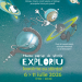 Poster în stil science-pop-up pentru muzeu EXPORIU, cu astronaut, roboți și planete pe fundal spațial; eveniment 6–11 iulie 2026, 17:30–20:30; curiozitatea nu are vârstă!