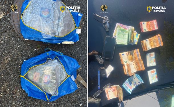 Two blue bags with clear panels sit on gravel (left); on the right, a car hood displays scattered euro banknotes and police logos nearby.