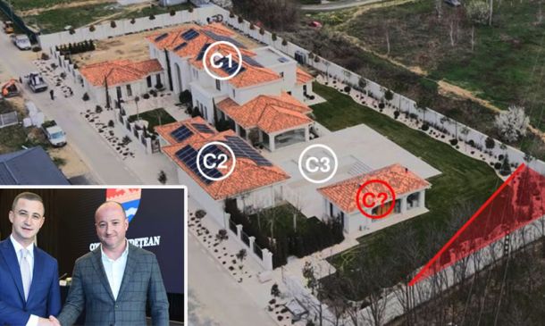 Aerial view of a gated luxury villa complex with orange-tiled roofs, white circular markers C1, C2, C3 and a red triangular area; inset shows two men in suits shaking hands.