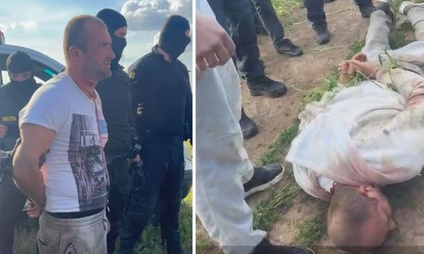 Left: a man is being detained by masked police officers beside a patrol car; Right: an injured person lies on the ground wrapped in a white sheet with bystanders nearby.