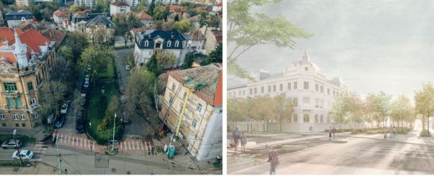 Split image: left panel shows an aerial view of a tree-lined urban street with colorful buildings; right panel shows a sunlit plaza with a white historic building and trees.