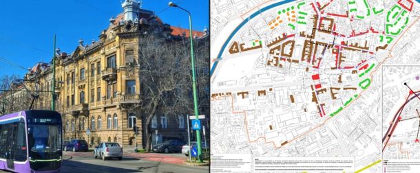 Left: purple tram on a street with a historic yellow-brick building; right: detailed city map with colored routes and waterways.